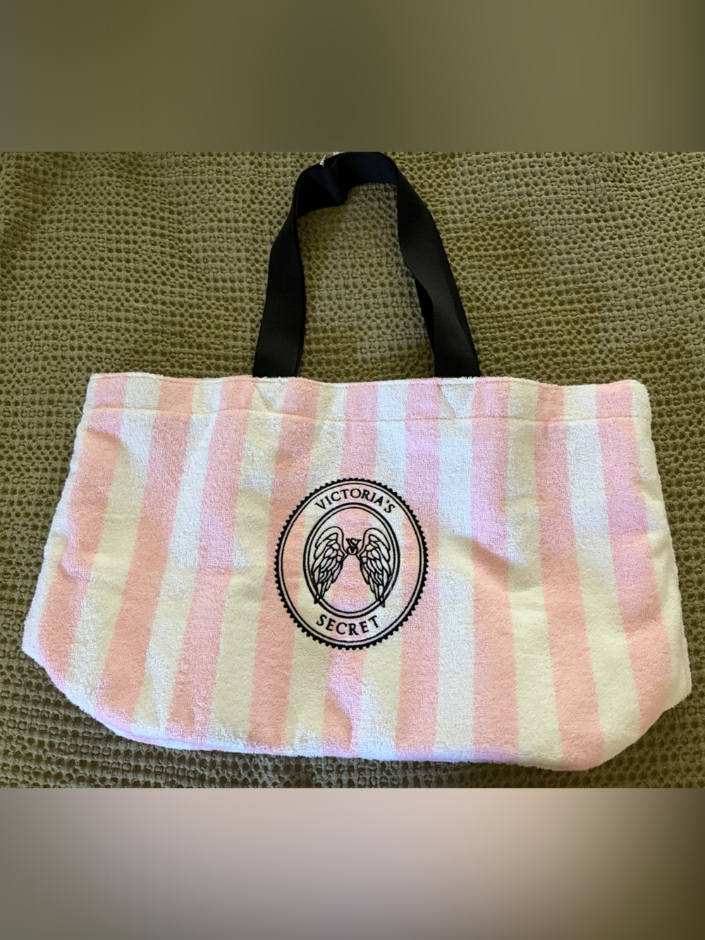 Victoria's Secret Pink & White Striped Beach Tote with Black Handles
